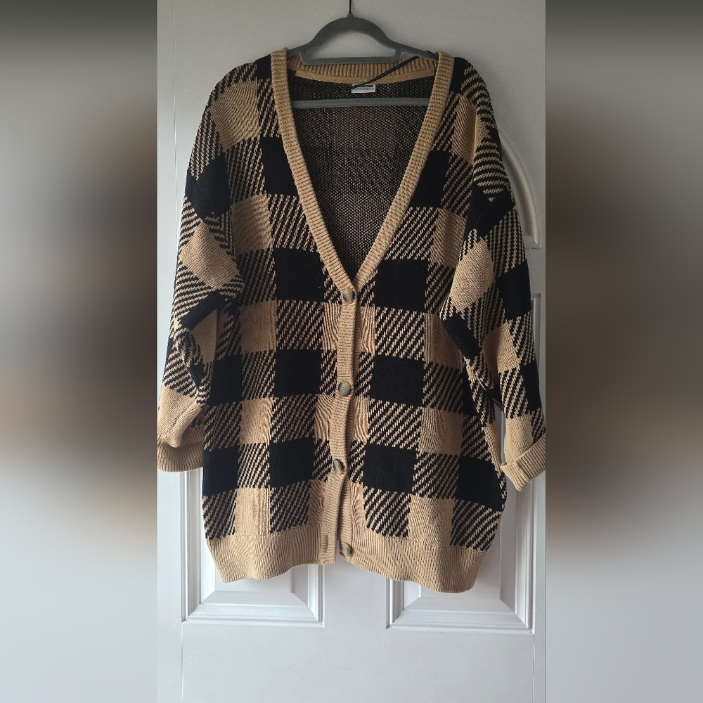 Noisy May Curve Oversized Plaid Cardigan Black Tan Buffalo Check Plus Size 18
